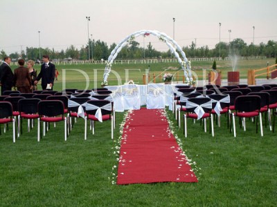 Zeremonie im Freien mit rotem Teppich und Rosenblütenblättern